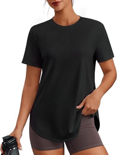 PINSPARK Workout Shirts Women Short Sleeve Gym Clothes UPF 50+ Athletic Tops Soft Exercise Running T-Shirt Activewear, Black Small