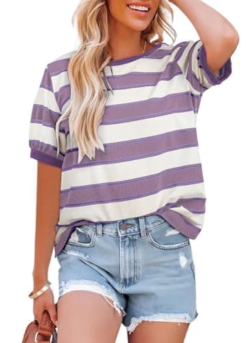 Dokotoo Womens Cute Summer Tops 2026 Striped Color Block Short Sleeve Tshirts Shirts for Women Cotton T-Shirts Casual Crewneck T Shirt Loose Soft Tee Blouses Beach Vacation Clothes Purple Large