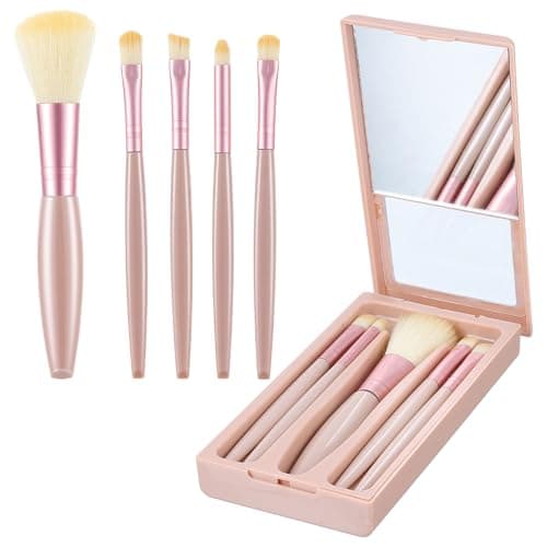 Easy-taken Travel Makeup Brush Set, 5Pcs Mini Cosmetic Brushes Kit with Mirror for Eye Shadow, Travel Size Makeup Brushes Soft Brushs Basic Cosmetic Profesional Tools Perfect for On The Go(Apricot)