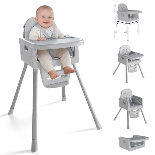 EverKiddo Baby High Chair for 6 Months+, Foldable High Chairs for Babies and Toddlers, Convertible Toddler Chair, Adjustable Tray & Footrest, Lightweight, Stable & Easy to Clean(Gray)