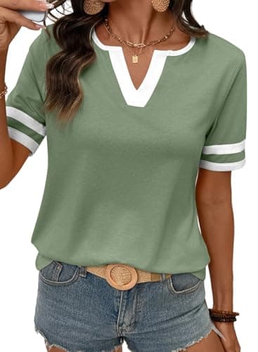 SHEWIN Women's Summer Tops V Neck Short Sleeve T-Shirts Colorblock Ladies Loose Casual Basic Tees 2026 Clothes Green Medium