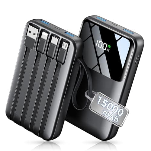 Power Bank, 15000mAh Portable Charger with Built in Cable, 22.5W Fast Charging, 6 Outputs, Slim Travel Essential Battery Pack with LED Display, Compatible with iPhone 17/16/15/14/13, iPad Black