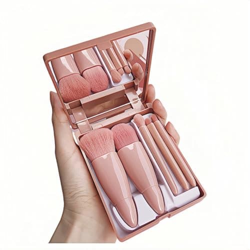 5-Piece Professional Makeup Brush Set with Mirror & Travel Case Hypoallergenic Vegan Bristles for Sensitive Skin Luxury Gift-Ready Box,Portable Cosmetic Kit for Brides,Travel,On-the-Go Touchups (Pink)