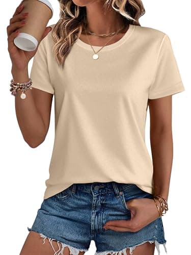 SMENG Tee Shirts for Women Cotton Crew Neck Shirts Short Sleeve Plain Shirt Breathable Casaul Tee Basic Tops Apricot M