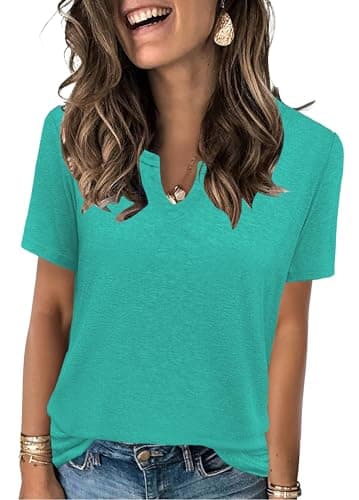 Womens Tops Casual Summer 2026 T Shirt V Neck Lightweight Short Sleeve Basic Tee Comfortable Everyday Wear Simple Style Easy Pairing Cyan Small