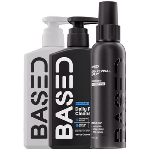 BASED Skincare Trio - Daily Facial Cleanser, Moisturizer & Skin Revival Spray - Complete Men's Skincare System - Hypochlorous Acid, Bamboo Charcoal & Ceramides - All Skin Types