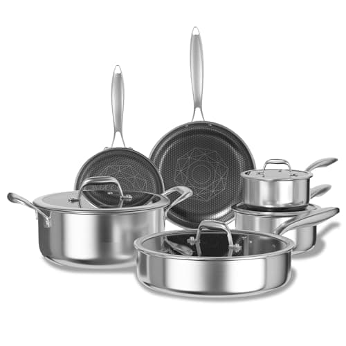 COOKER KING Non Stick Pots and Pans Set, 10pcs Hybrid Stainless Steel Cookware Set, Frying Pans, Saucepans, Saute Pan & Stock Pot, Non Toxic, Oven & Dishwasher Safe, Induction & All Cooktop Compatible