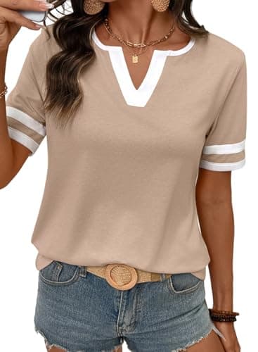 SHEWIN Womens Short Sleeve Tops Cotton Summer V Neck Short Sleeve T-Shirts Colorblock Ladies Loose Casual Comfort Colors Basic Tees 2026 Clothes Beige Size Small
