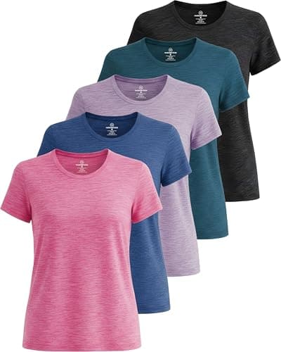 Real Essentials 5 Pack: Women's Short Sleeve T-Shirts Workout Tops Fitness Pilates Gym Activewear Athletic (Plus Available), Set 7, XL, Pack of 5
