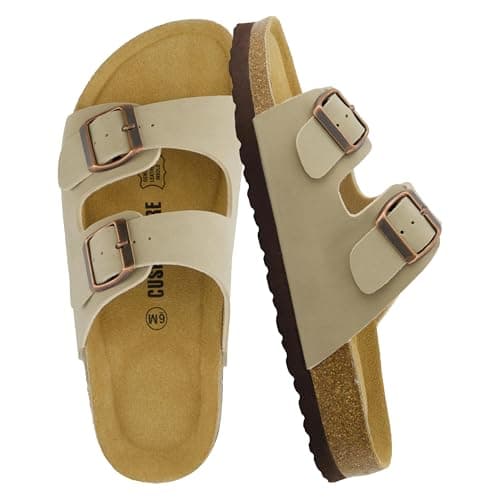 CUSHIONAIRE Lane Cork Footbed Womens Sandals Comfortable Double Buckle Slip On Sandals for Women with Arch Support and Classic Two Strap Design, STONE 9
