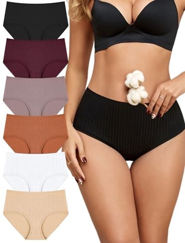 FINETOO Cotton Underwear for Women High Waisted Ribbed Full Coverage Briefs Soft Breathable Moisture Wicking Panties 6 Pack