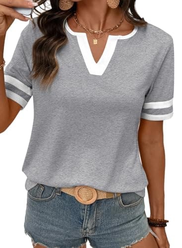 SHEWIN Womens Tops Summer Cotton Short Sleeve T-Shirts V Neck Colorblock Ladies Comfort Colors Loose Casual Basic Tees 2026 Clothes Grey Size Medium