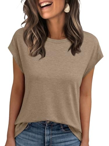 AUTOMET Women's Cap Sleeve T Shirts for Summer - Soft Stretchy Tops for Business Casual Shirts Everyday Wear Khaki L