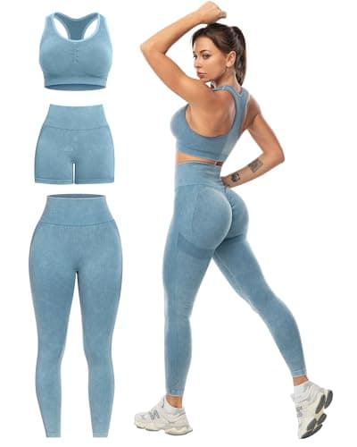 SALSPOR 3 Piece Workout Sets for Women Butt Lifting Leggings with High Impact Sports Bra Gym Shorts Activewear Matching Set(3DWX-Washed Blue-L)