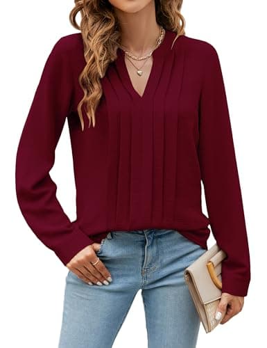 Blooming Jelly Women's Dressy Casual Blouses Business Work Tops Trendy Long Sleeve V Neck Pleated T Shirts 2025 Fall Outfits (Wine Red,X-Large)