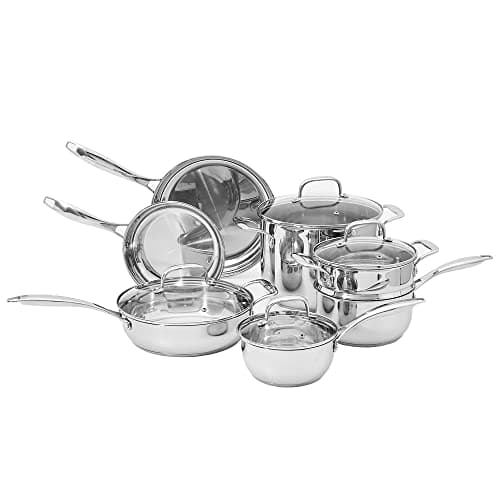 Amazon Basics Stainless Steel Cookware 11-Piece Set, Oven Safe, Induction-Ready, Even Heating, Non Toxic, Stay-Cool Handles, Pots and Pans, All Stovetops, Glass Lids, Silver