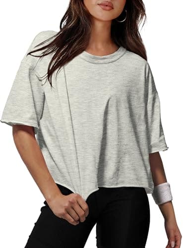 XIEERDUO Oversized Tshirts for Women Summer Short Sleeve Cotton Workout Tops Loose Fit Grey L