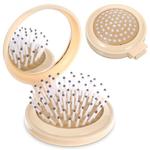 Mini Brush with Mirror Hair Brush with Mirror Travel Hair Brush with Small Mirror Mini Hair Brush and Mirror Combo Round Mini Compact Massage Comb for Purse (Beige)