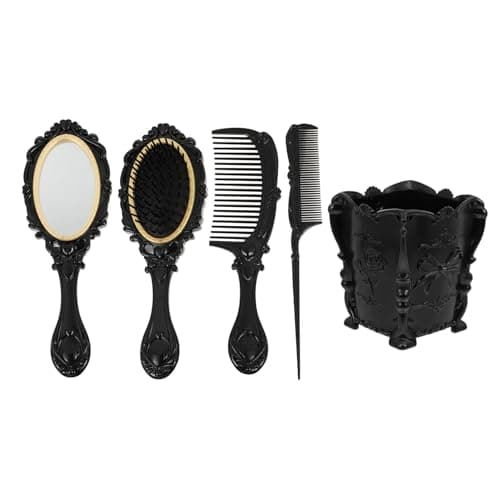 Vintage Makeup Set: Wide Tooth Comb, Round Mirror, Hair Brush with Holder, Detangling Brush, Rat Tail Comb, Hand Mirror, and Womens Wallet