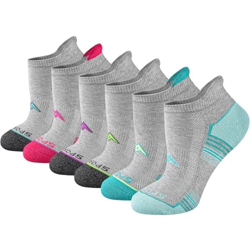 SukModen Women's Performance Athletic Socks 6/12 Pairs, Cotton Ankle Socks with Heel Tab & Cushioned Sole for Running, Gym, Fitness, Multi-Color on Gray, 6 Pairs, S