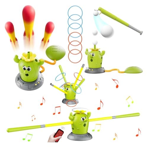 Cactus 4-in-1 Musical Jumping Toys Set with Ring Toss, Stomping Rocket Launcher and Baseball Game, Fun Indoor and Outdoor Toys for Active Play Sports Toy for Kids Ages 3 4 5 6 7 8+ Boys & Girls.