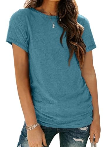 AUTOMET Women's Soft Basic Short Sleeve T-Shirt, Round Neck Tops Summer Casual Tee for Spring Shirts Clothes Everyday Wear 02BlueGreen S