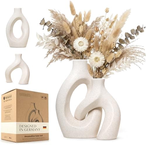 White Ceramic Vase Set of 2, Hollow Oval Flower Vases for Decor, Handmade Nordic Minimalist Ceramic Vase for Pampas Grass, Living Room, Farmhouse & Boho Home Decor, Housewarming Gifts