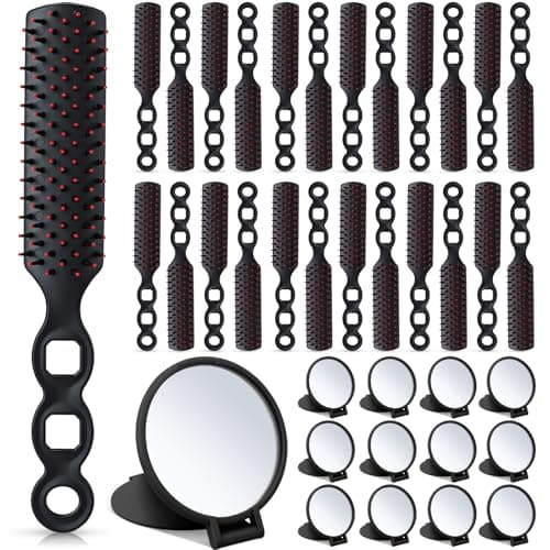 Ferrochef 48 Pcs Hair Brushes and Folding Mirrors Set for Homeless Include Bulk Mini Hair Combs and Mini Portable Round Pocket Makeup Compact Mirror Spa Party Gift for Women for Purse Travel (Black)