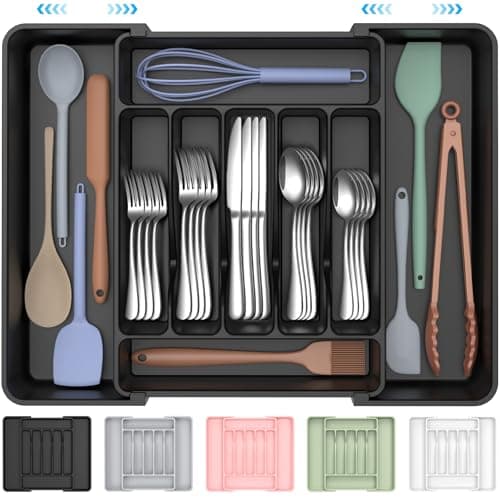 ukeetap Extra Large Expandable Silverware Organizer, BPA-Free Food-Safe Cutlery Flatware Organizer, Kitchen Utensil Drawer Organizer, Adjustable Silverware Holder for Spoons Forks Knives, Black