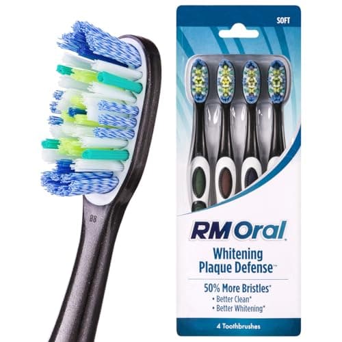 RM Oral Whitening Plaque Defense Soft Toothbrush, Spiral Bristles for Superb Whitening,Power Tips for Removing Plaque, Tongue & Cheek Cleaner Fights Bad Breath, 4 Count
