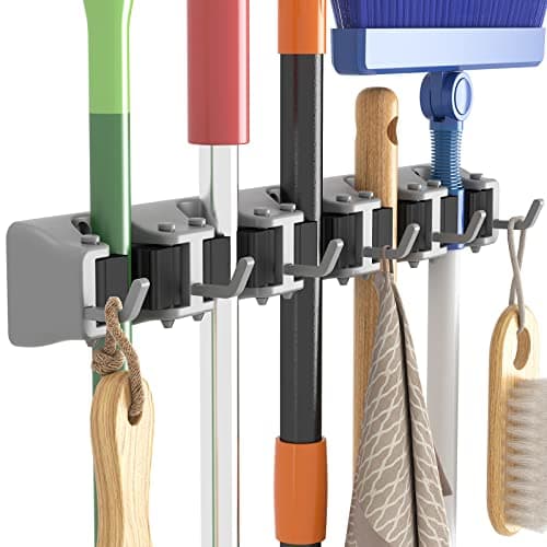 Lifewit Mop and Broom Holder Wall Mount, Anti-Slip Broom Hanger for Cleaning Supplies Organizer, Easy Install Tool Hanging Rack for Closet, Kitchen, Garage, 5 Slot 6 Hooks, Hold 30lbs, Gray, 1 Pack