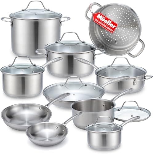 Mueller 17-Piece Stainless Steel Pots and Pans Set – Tri-Ply Ultra-Clad Pro Cookware Set, Induction Ready, Oven Safe, Even-Heat Aluminum Core, Includes Skillets, Saucepans, Dutch Oven, Stockpot