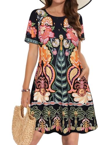 elescat Sun Dress Cotton Loose Fit Short Sleeve Sundress Women Fashion Swing Tunic Dress (Yellow Flower,M)