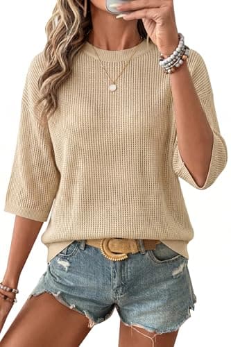 Arach&Cloz 2026 Women's Cotton Spring Summer Crochet Tops Crew Neck 3/4 Half Drop Short Sleeve Hollow Out Oversized Resort Wear Sweater Casual Vacation Outfits Fashion Trendy Shirts Light Khaki XL