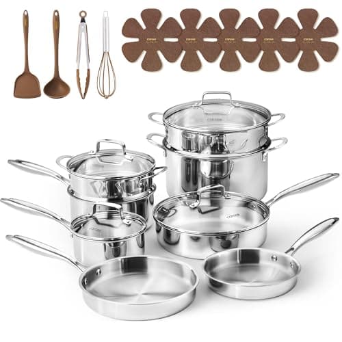 CAROTE 21pcs Tri-Ply Stainless Steel Cookware Set, Pots and Pans Set, Non Toxic Induction Kitchen Cooking Sets, Cookware Collection, Mirror Polish, Silver, Mothers Day Gifts