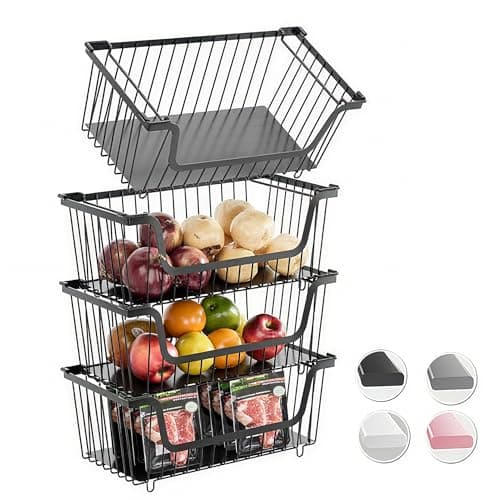 GAOKASE 4 Pcs Stackable Wire Baskets for Pantry Organizers and Storage,Vegetable Fruit Basket for Countertop,Kitchen Storage Metal Baskets,Produce Potato Onion Storage Bin,Black