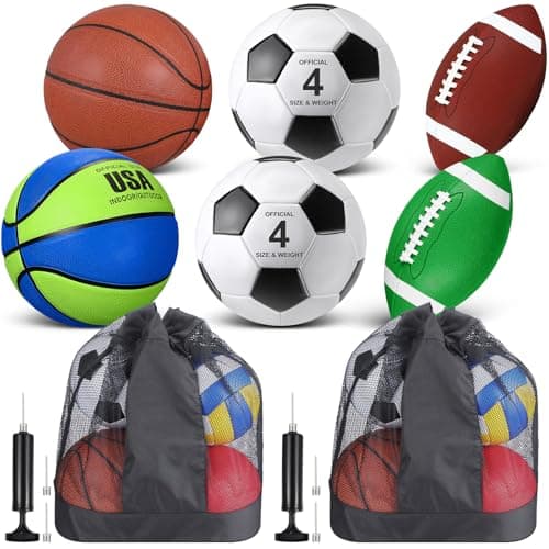Lenwen 6 Pcs Sport Balls Set for Kids Teens, Include Official Size Basketball Football Soccer Ball with Sport Equipment Bags and Pumps Christmas Training Practice Gift Back to School(Blue Green)
