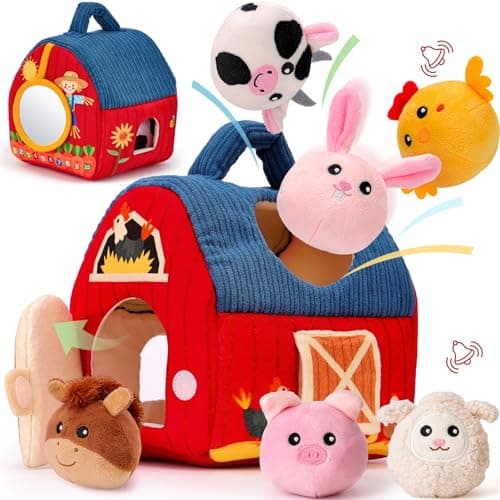 hahaland Baby Toys 6-12 Months - Surprise Barn Stuffed Farm Animals, Rattle, Crinkle, Mirror, Montessori Toys for 6 Month Old Sensory Balls 1-3, Baby Boy Gifts, Farm Plush Toys for Babies Travel Toy