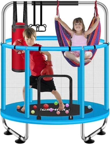 ZCMHAXJ 55" Trampoline for Kids with Enclosure, 440lbs Capacity Indoor & Outdoor Toddler Trampoline with Adjustable Gymnastics Bar & Toys, Gifts for Boys & Girls