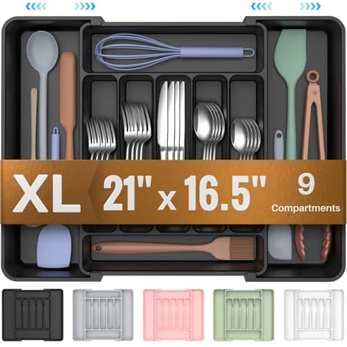 ukeetap Extra Large Expandable Silverware Organizer, BPA-Free Food-Safe Cutlery Flatware Organizer, Kitchen Utensil Drawer Organizer, Adjustable Silverware Holder for Spoons Forks Knives, Black