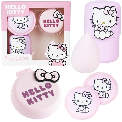 Hello Kitty Beauty Accessories Set for Women Teens, Folding Hair Brush with Mirror, Makeup Sponge Holder, Makeup Remover Pads, Kawaii Gifts for Women, Wife, Girlfriend