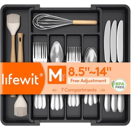 Lifewit Expandable Silverware Organizer, Plastic Utensil Tray for Kitchen Drawer, BPA Free Flatware Cutlery Holder, Space-Saving Storage for Spoons Forks Knives, 8.5-14 x 12 x 1.5 inch, Black