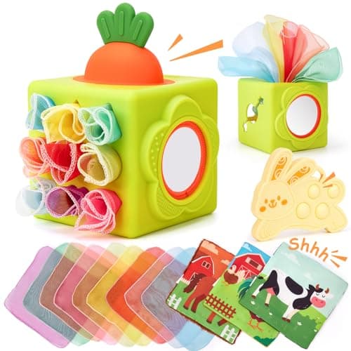 hahaland Silicone Baby Tissue Box Toy - Baby Toys 6-12 Months Montessori Toys for 6 Month Old Babies, 6-in-1 Soft Busy Activity Cube with Scarves, Crinkle, Textures, Mirror, Sensory Popper 9 Month Old