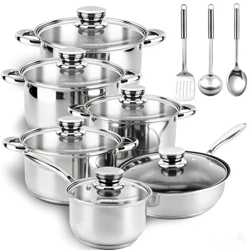 Colourcoco Stainless Steel Cookware Set - 15 Pieces Pots and Pans Nonstick Pot and Pan Set Includes 1 Frying Pans, 5 Pots, 6 Lids and 3 Utensils, with Stay Cooling Handle, Induction & Oven Safe