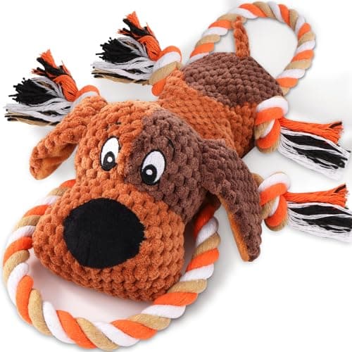 Drmstow Plush Dog Toys with Rope, Squeaker & Crinkle Paper – Interactive Squeaky Chew Toy for Large Dogs & Puppies – Tough Pet Toy for Tug of War, Fetch & Dental Exercise