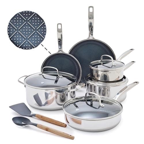 Blue Diamond Hybrid Nonstick Stainless Steel 12 Piece Cookware Set, Tri-Ply PFAS-Free Ceramic Diamond Bond Pots & Pans, Dishwasher & Oven Safe to 850F, Induction Ready, Metal Utensil Safe, Silver