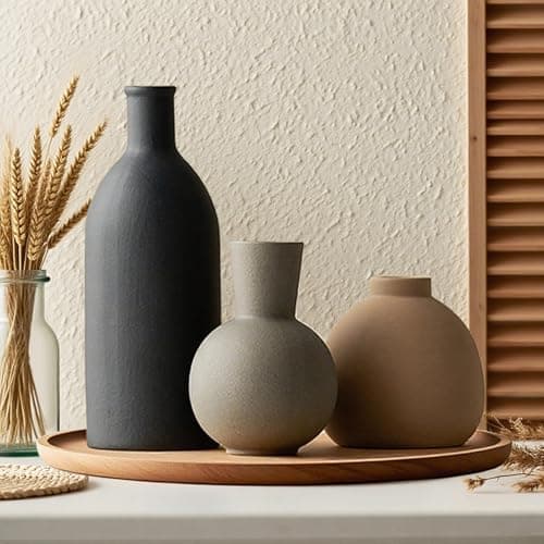 Ceramic Vase Set of 3, Vases Home Decor, Neutral Rustic Modern Farmhouse Decor, Pottery Vases for Pampas Grass Dried Fresh Flowers, Living Room Kitchen Bedroom Bathroom Entryway Mantel Shelf (Black)
