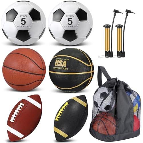 Sratte 6 Pcs Sports Balls Set for Teens Adults Official Size Football Soccer Basketball with Pump Sports Equipment Bag for Youth Training Practice Sport Gift Back to School(Black Gold)