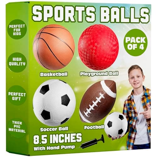 8.5” Sports Balls for Kids & Toddlers - (Pack of 4) Rubber Inflatable Multi-Sport Ball Set - Football, Soccer Ball, Basketball, Playground Ball & Pump - Birthday Gift Toys for Boys & Girls