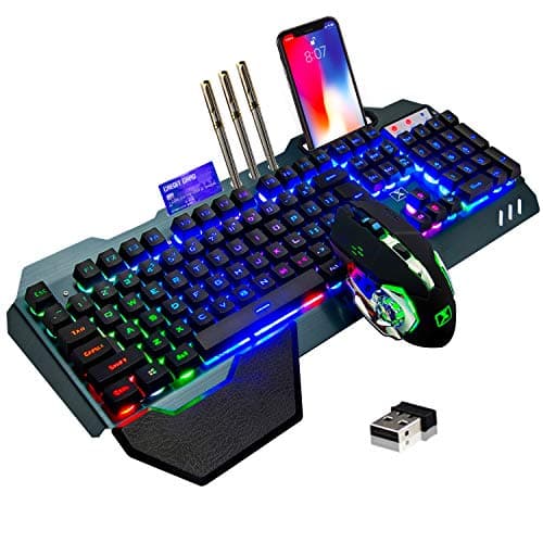 Wireless Gaming Keyboard and Mouse,Rainbow Backlit Rechargeable Keyboard Mouse with 3800mAh Battery Metal Panel,Removable Hand Rest Mechanical Feel Keyboard and 7 Color Gaming Mute Mice for PC Gamers